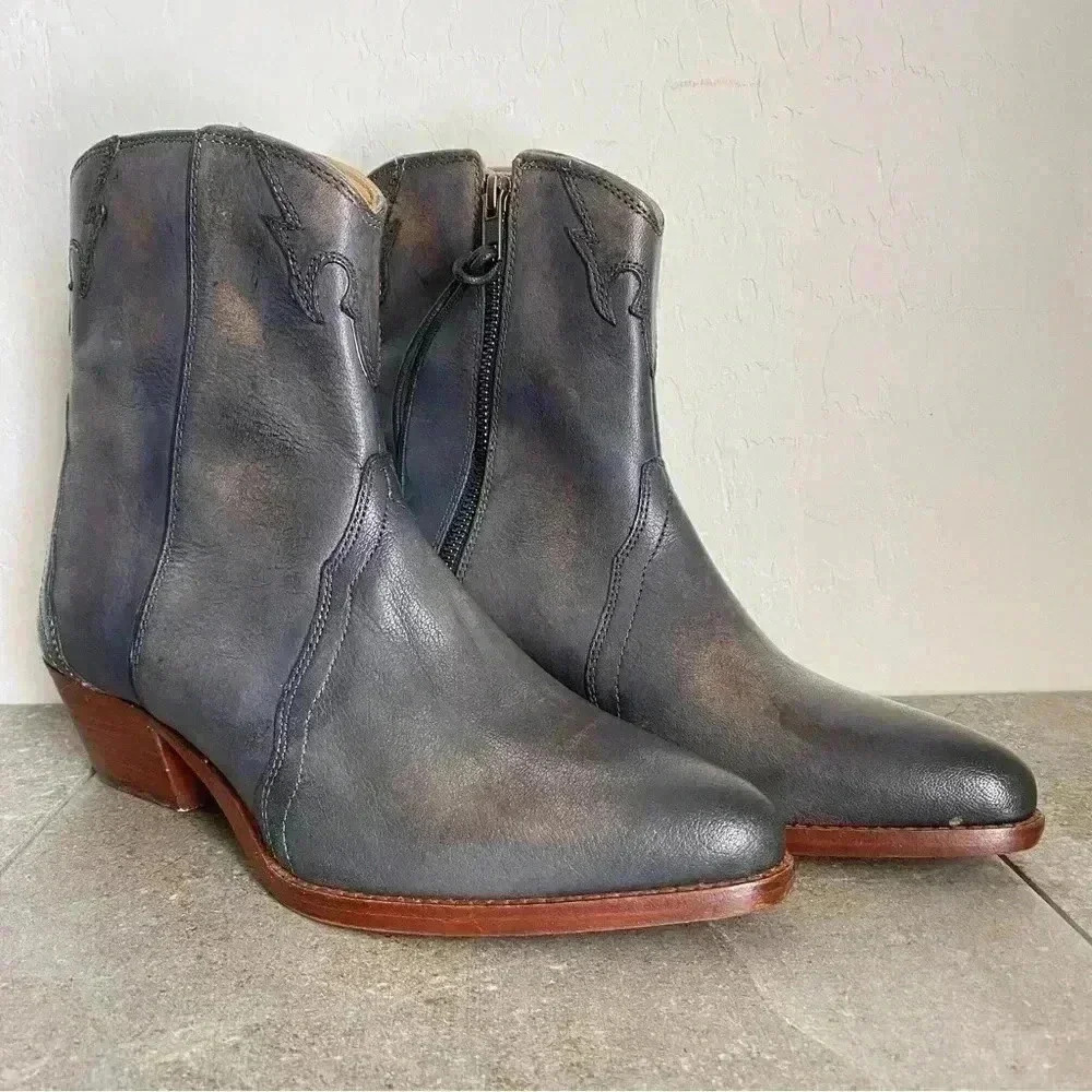 NEW Free People New Frontier Leather Block Heel Western Booties Size US 8.5M